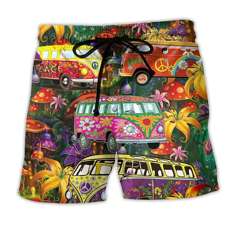 Momount Calções de Banho Homem – Estampado Carrinha Hippie Cordão Verão