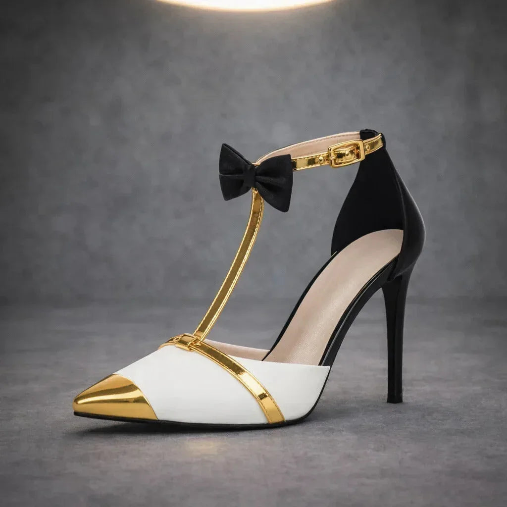 Momount Mulher Sapatos Stiletto Tira em T – Laço Bico Fino Bico em Contraste Tira no Tornozelo