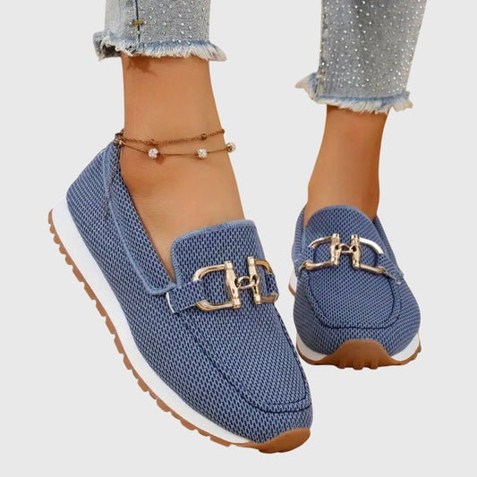 Momount Mulher Mocassins em Malha – Rede Plataforma Slip-On com Detalhe Dourado Conforto