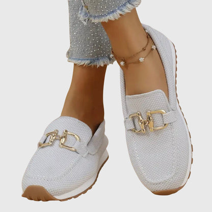 Momount Mulher Mocassins em Malha – Rede Plataforma Slip-On com Detalhe Dourado Conforto