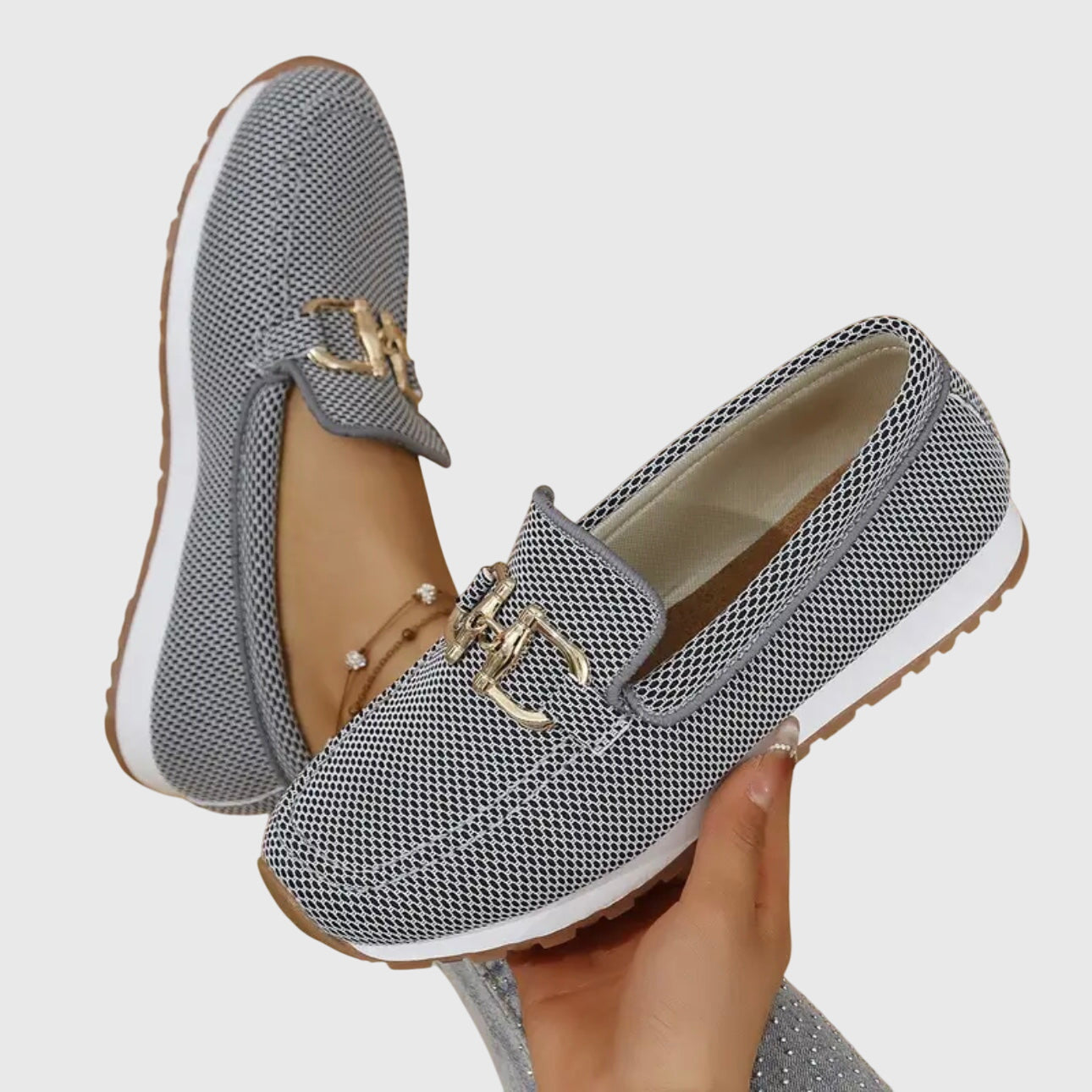 Momount Mulher Mocassins em Malha – Rede Plataforma Slip-On com Detalhe Dourado Conforto