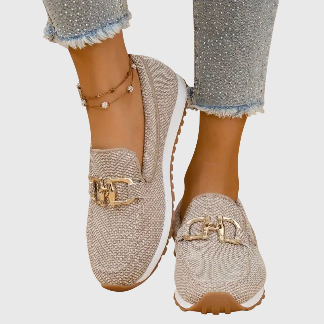 Momount Mulher Mocassins em Malha – Rede Plataforma Slip-On com Detalhe Dourado Conforto