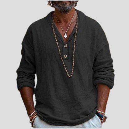 Momount Camisa Henley em Linho de Homem – Manga Comprida com Gola Banda Casual Refinada