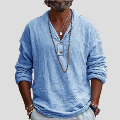 Momount Camisa Henley em Linho de Homem – Manga Comprida com Gola Banda Casual Refinada