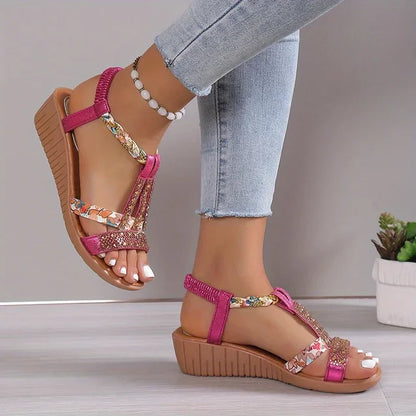 Momount Mulher Sandálias de Cunha – Fúcsia Floral com Strass Trançadas Boho
