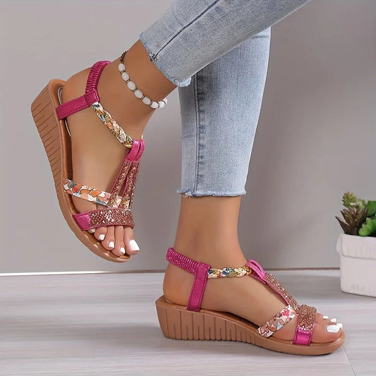 Momount Mulher Sandálias de Cunha – Fúcsia Floral com Strass Trançadas Boho