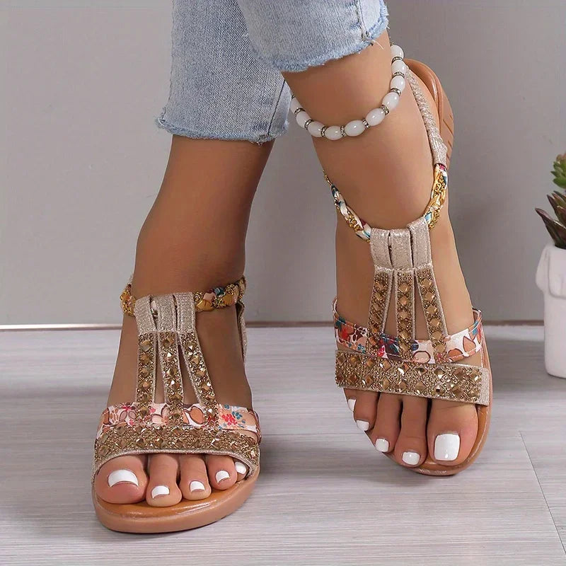Momount Mulher Sandálias de Cunha – Fúcsia Floral com Strass Trançadas Boho