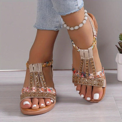Momount Mulher Sandálias de Cunha – Fúcsia Floral com Strass Trançadas Boho