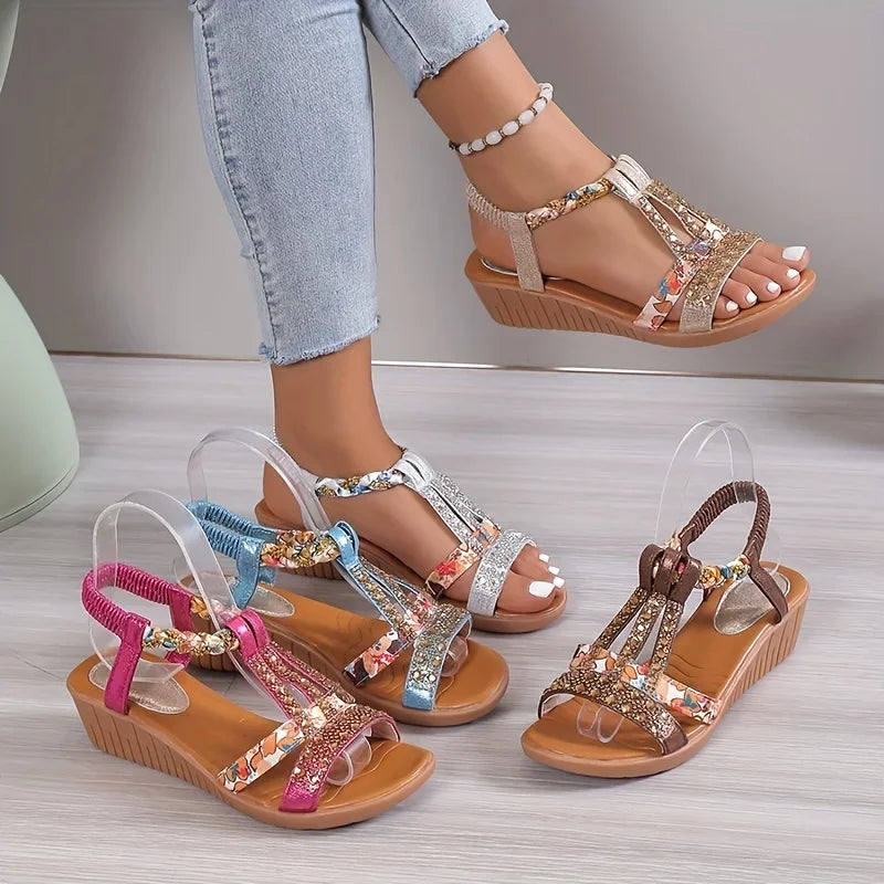 Momount Mulher Sandálias de Cunha – Fúcsia Floral com Strass Trançadas Boho