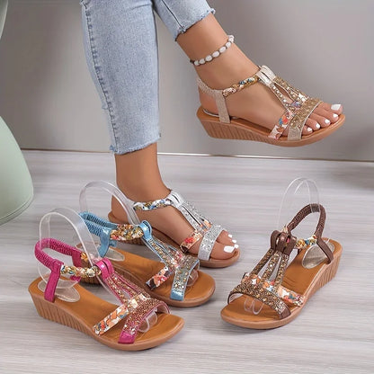Momount Mulher Sandálias de Cunha – Fúcsia Floral com Strass Trançadas Boho