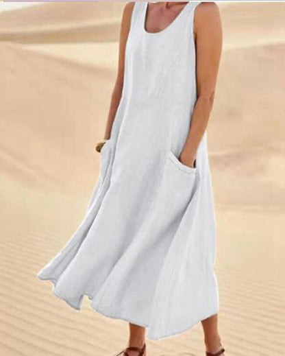 Melisande | Vestido Maxi em Linho Decote Redondo Largo