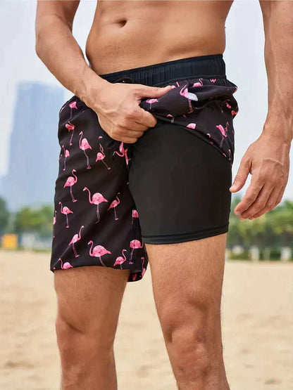 Momount Calções de Banho Homem – Estampado Folha Tropical Bolso para Telemóvel Forro em Rede