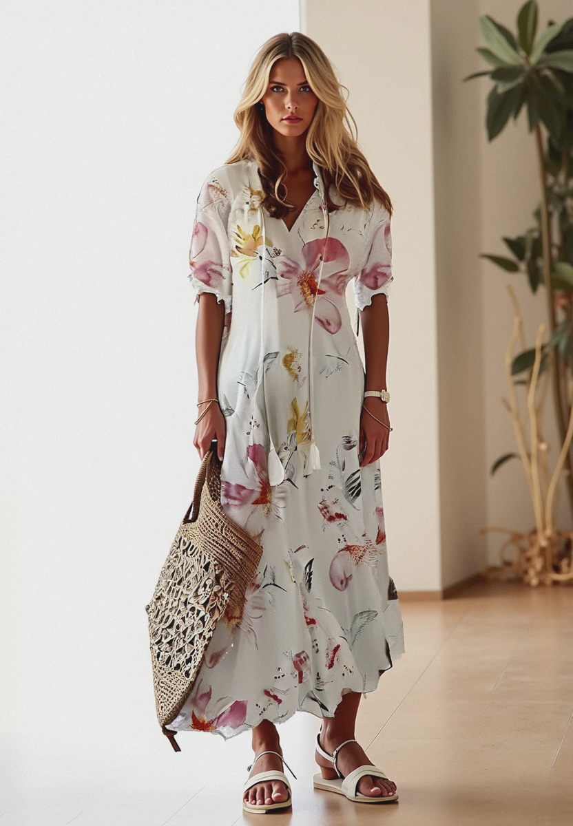 Isadora | Vestido Maxi Boho Floral de Verão com Botões