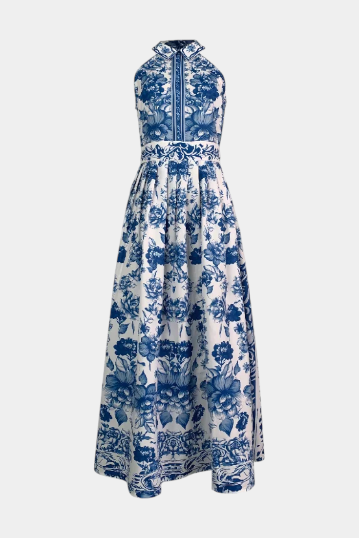 Momount Vestido Maxi Floral Mulher – Decote Halter Sem Mangas Elegante