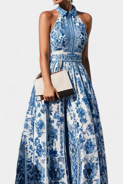 Momount Vestido Maxi Floral Mulher – Decote Halter Sem Mangas Elegante
