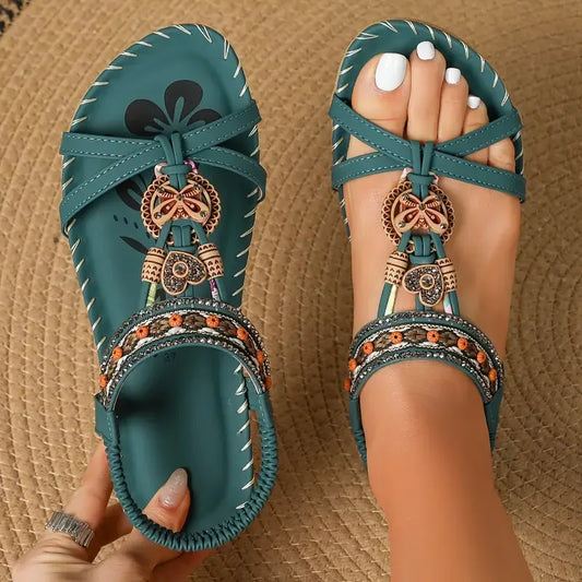 Momount Sandálias com Tira Posterior Mulher – Verde Água Boho com Missangas e Strass Rasas