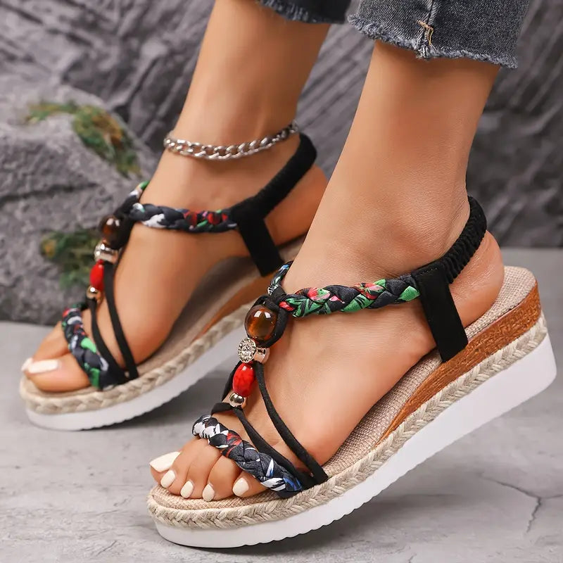 Momount Sandálias de Cunha Alpargata Mulher – Boho Trançadas com Missangas e Strass