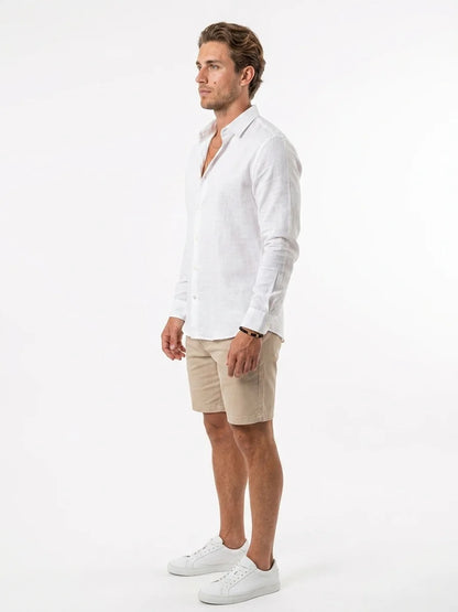 Momount Men Linen Shirt – Long Sleeve Slim Fit Point Collar Classic - White - side