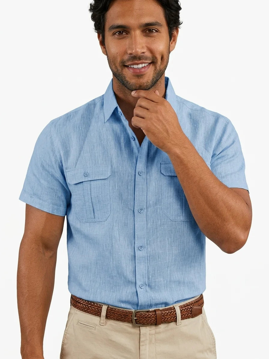 Momount Men Linen Shirt – Short Sleeve Double Chest Pocket Utility Casual - Blue - front