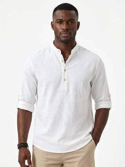Momount Men Waffle Linen Shirt – Long Sleeve Band Collar Chest Pocket - White - closeup