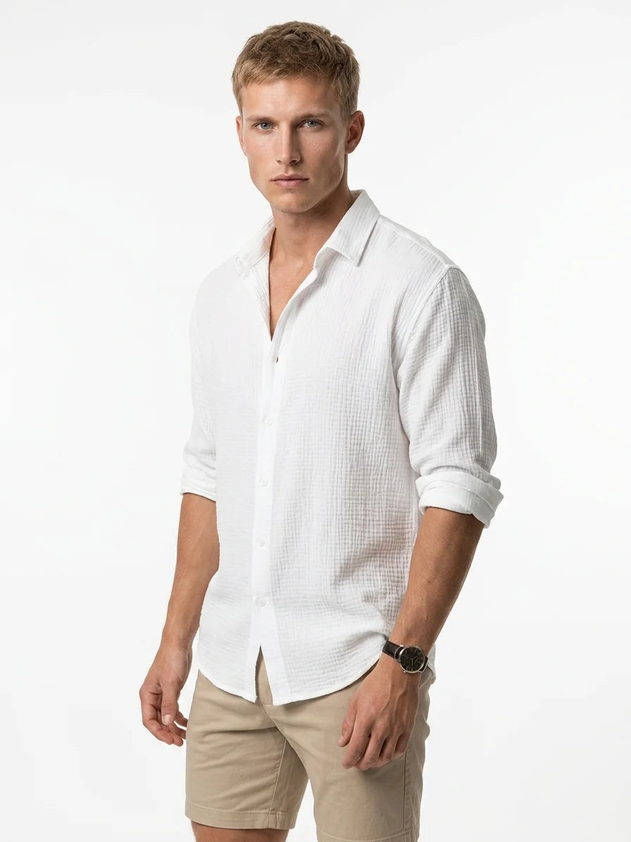 Momount Men Waffle Linen Shirt – Long Sleeve Button Up Textured Casual - White - 3/4