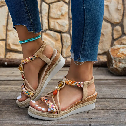 Momount Sandálias de Cunha Alpargata Mulher – Boho Trançadas com Missangas e Strass