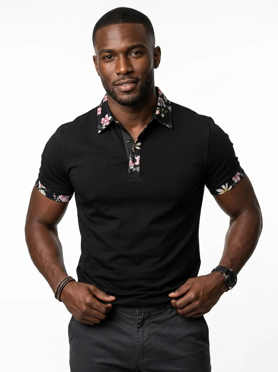 Momount Men Polo Shirt – Floral Contrast Collar Cuffs Short Sleeve - Black - front