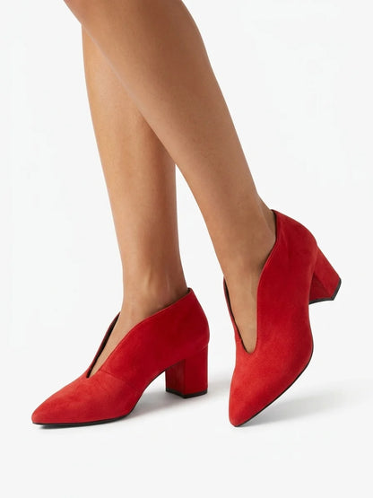 Arabelle | Suede V Cut Block Heel Pumps - Red - onfoot