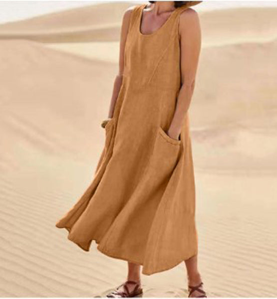Melisande | Vestido Maxi em Linho Decote Redondo Largo