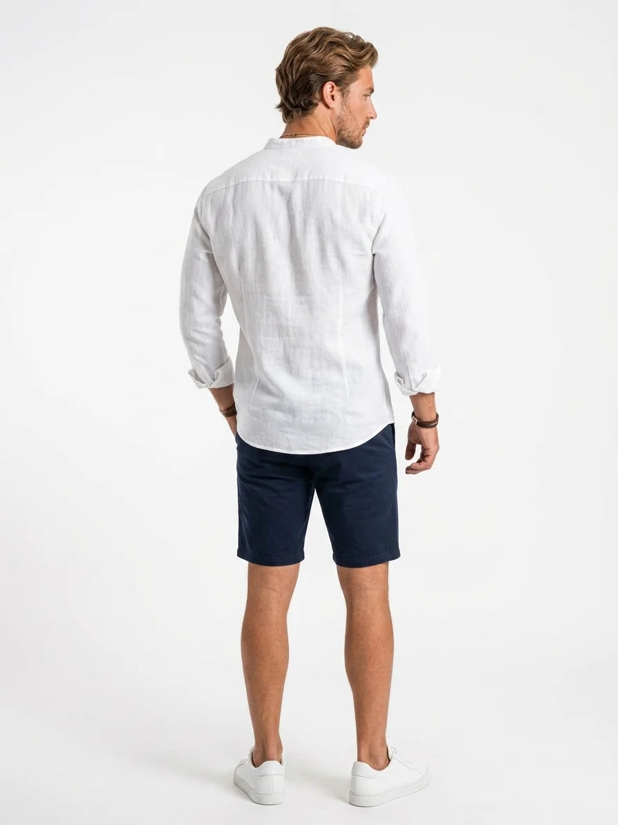 Momount Men Linen Shirt – Long Sleeve Slim Fit Point Collar Classic - White - back