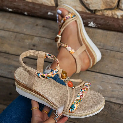 Momount Sandálias de Cunha Alpargata Mulher – Boho Trançadas com Missangas e Strass