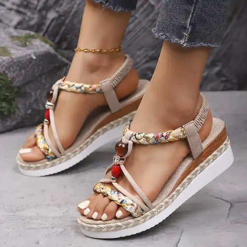 Momount Sandálias de Cunha Alpargata Mulher – Boho Trançadas com Missangas e Strass