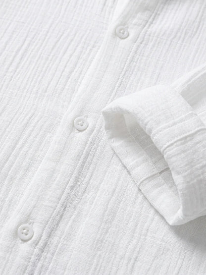 Momount Men Waffle Linen Shirt – Long Sleeve Button Up Textured Casual - White - detail