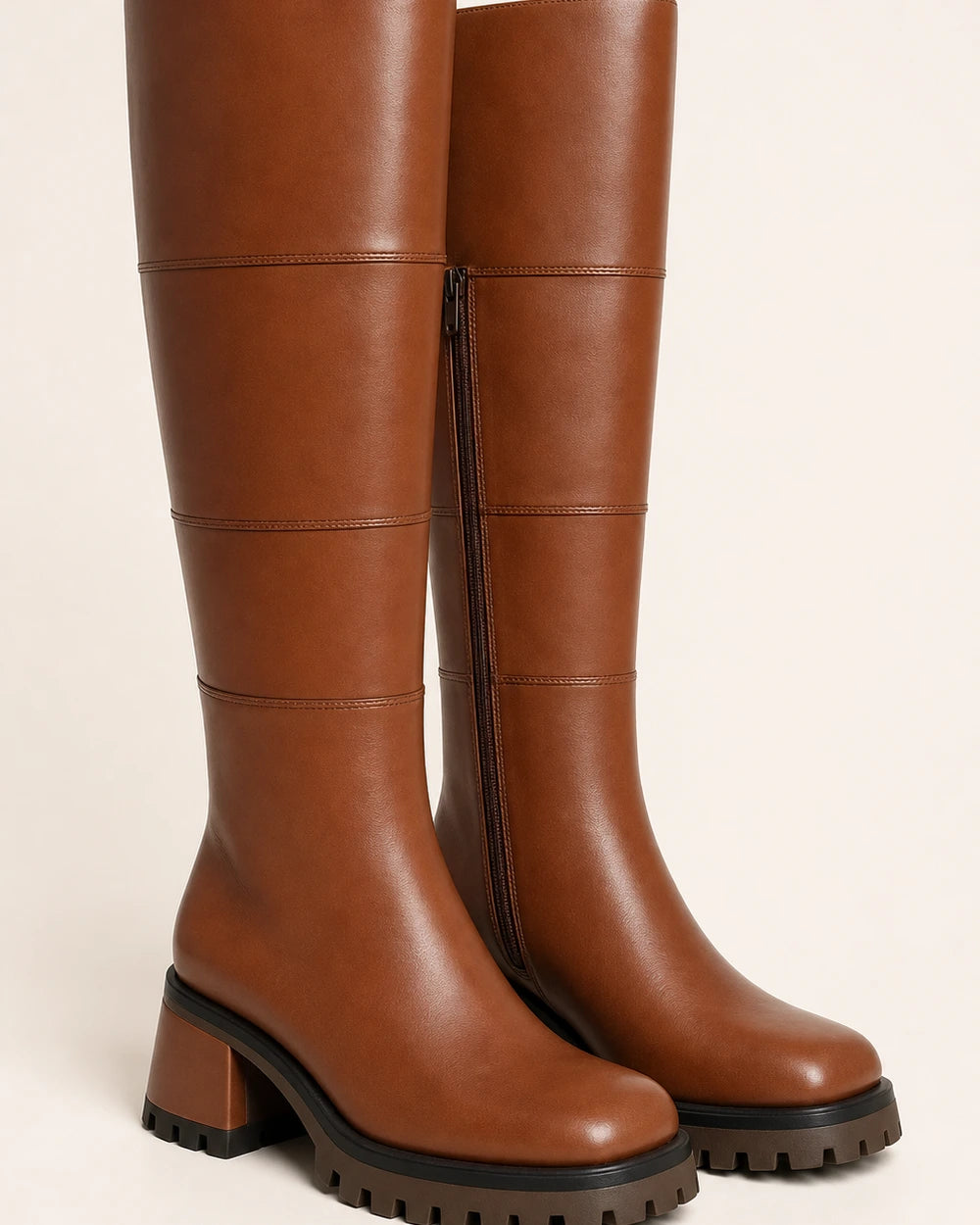 Women's cognac-brown chunky knee-high boots, product-only pair.