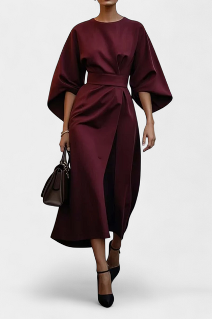 Momount Vestido Midi de Trabalho de Mulher – com Cinto Corte Solto Manga Larga Elegante de Escritório