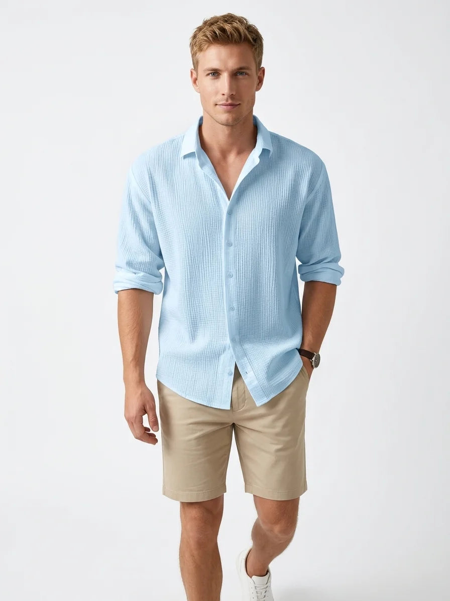Momount Men Waffle Linen Shirt – Long Sleeve Button Up Textured Casual - Blue - front