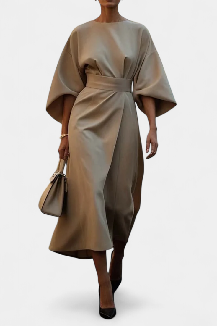 Momount Vestido Midi de Trabalho de Mulher – com Cinto Corte Solto Manga Larga Elegante de Escritório