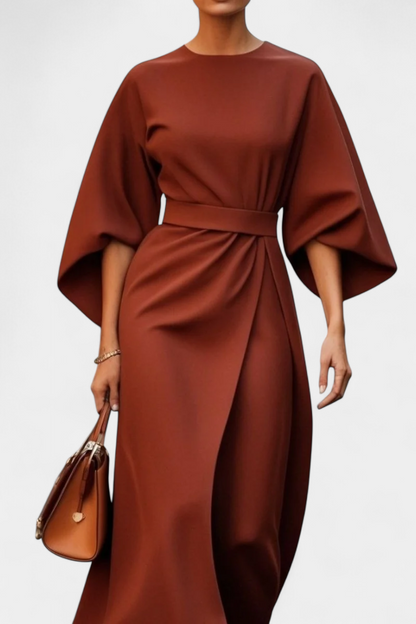 Momount Vestido Midi de Trabalho de Mulher – com Cinto Corte Solto Manga Larga Elegante de Escritório