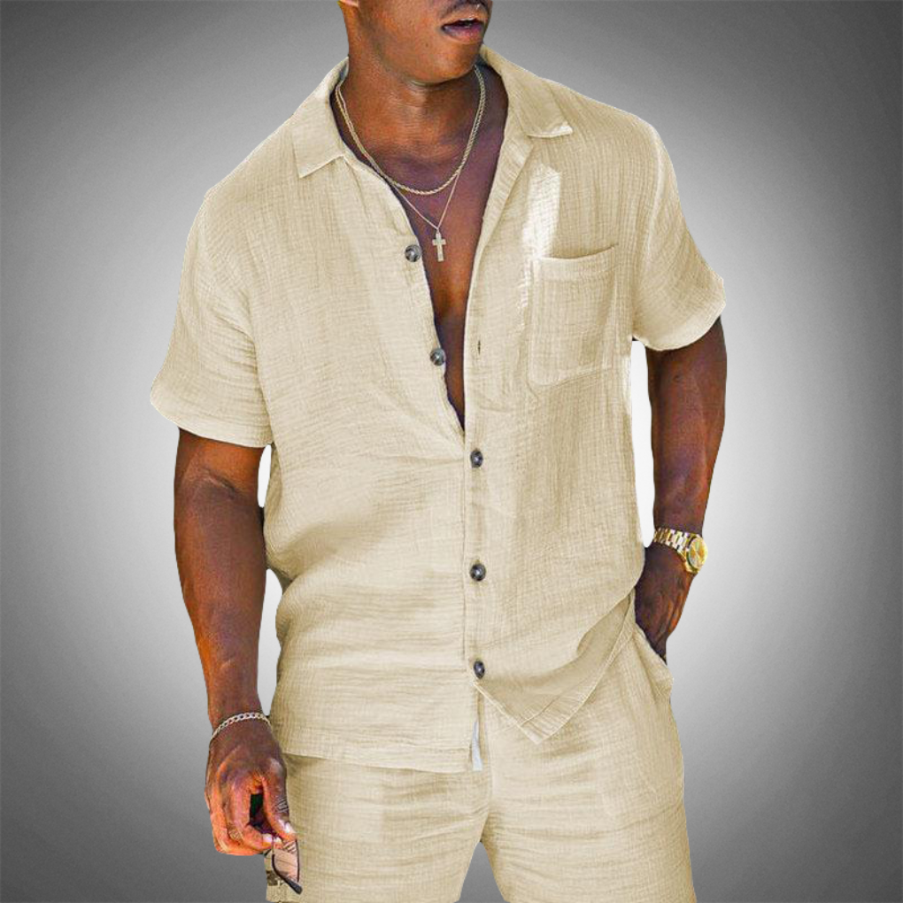Momount Camisa de Linho de Homem – Manga Curta com Botões de Verão Casual