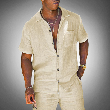 Momount Camisa de Linho de Homem – Manga Curta com Botões de Verão Casual