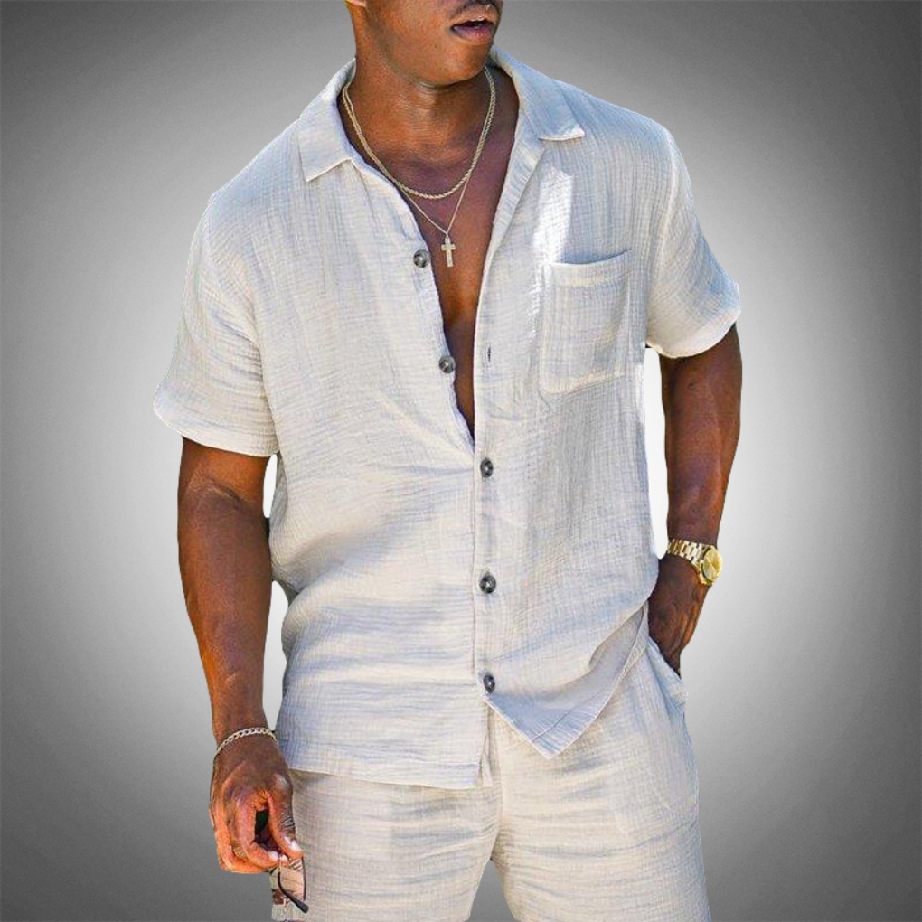Momount Camisa de Linho de Homem – Manga Curta com Botões de Verão Casual
