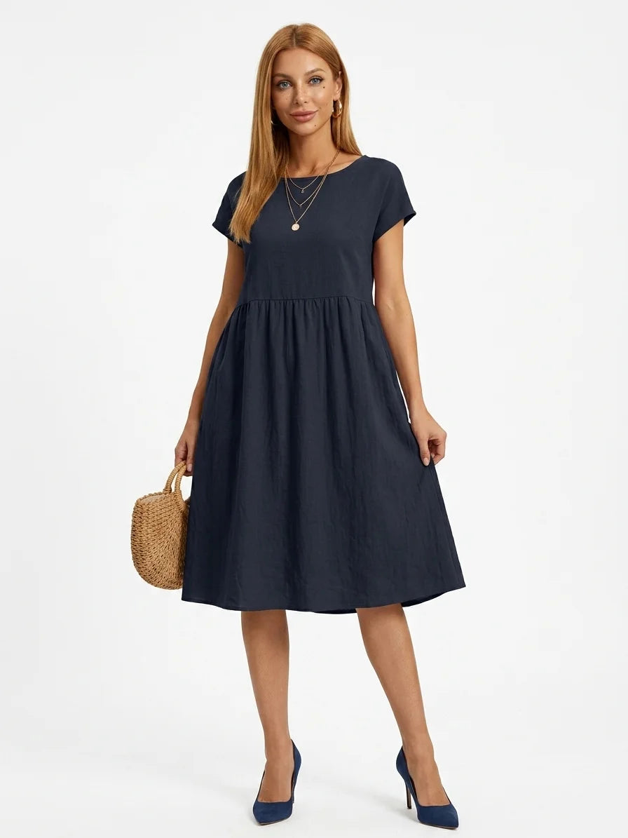 Amadea | Cotton Short Sleeve Tiered Summer Midi Dress - Navy Blue - front