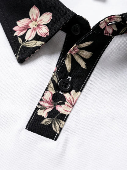 Momount Men Polo Shirt – Floral Contrast Collar Cuffs Short Sleeve - White - detail