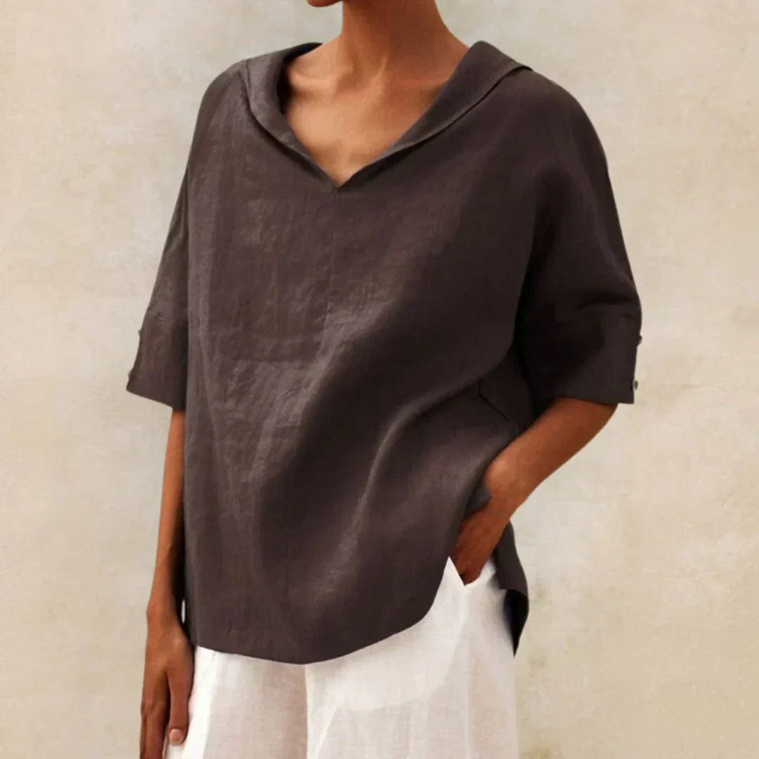 Momount Camisa em Linho de Mulher – Decote em V com Gola de Lapela Oversized de Verão