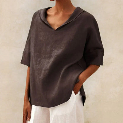 Momount Camisa em Linho de Mulher – Decote em V com Gola de Lapela Oversized de Verão