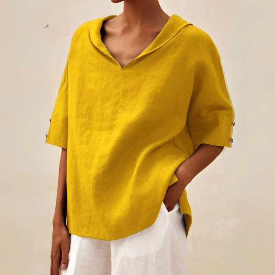 Momount Camisa em Linho de Mulher – Decote em V com Gola de Lapela Oversized de Verão