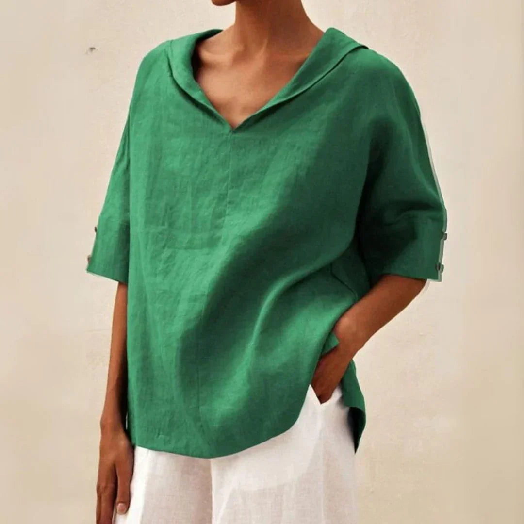 Momount Camisa em Linho de Mulher – Decote em V com Gola de Lapela Oversized de Verão