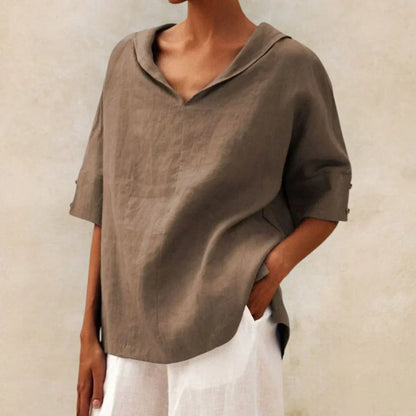 Momount Camisa em Linho de Mulher – Decote em V com Gola de Lapela Oversized de Verão
