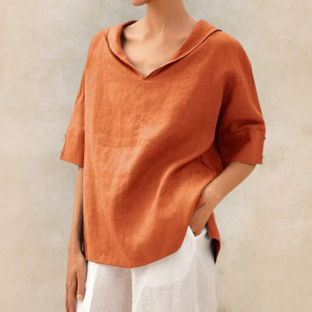 Momount Camisa em Linho de Mulher – Decote em V com Gola de Lapela Oversized de Verão