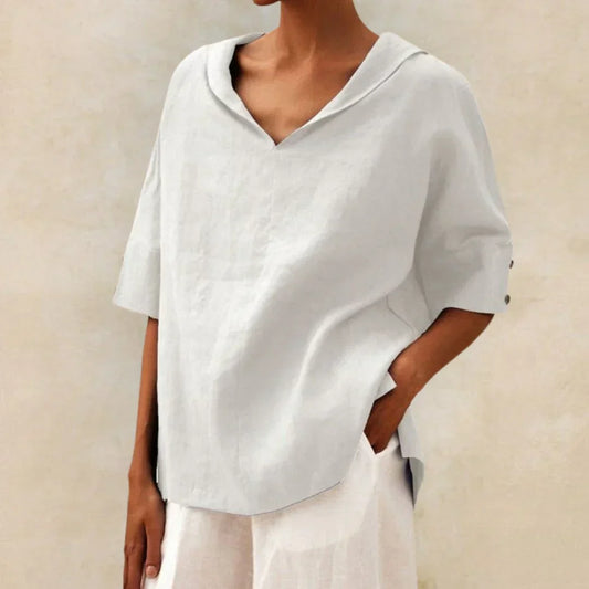Momount Camisa em Linho de Mulher – Decote em V com Gola de Lapela Oversized de Verão